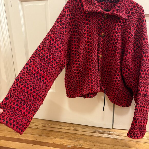 Chunky Knit Red & Black Button-Up Jacket Cardigan - Picture 2 of 5
